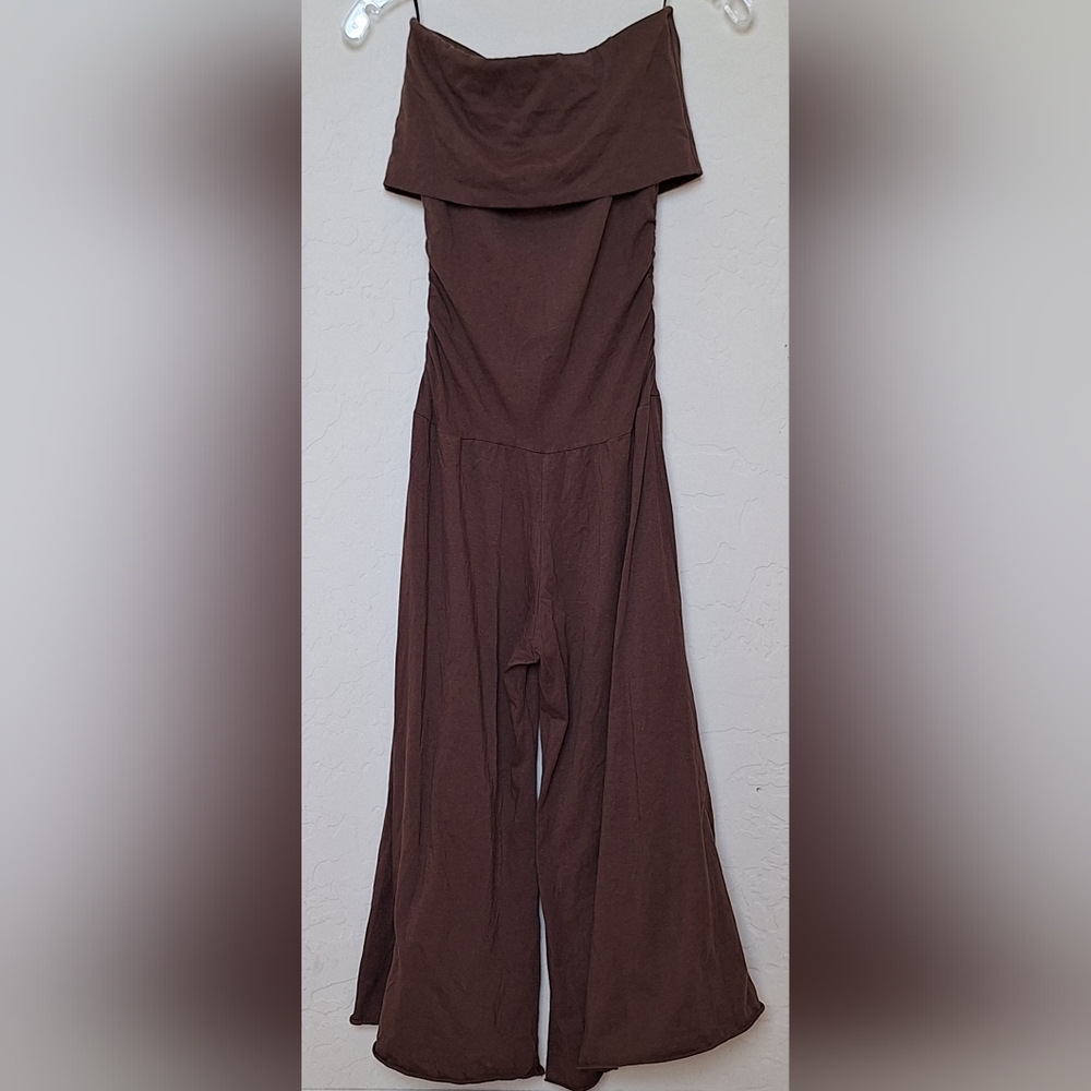 GUESS Y2K Wide Leg Crop Jumpsuit Bardot Drop Waist Brown Cotton Jersey Boho XS - Picture 3 of 10